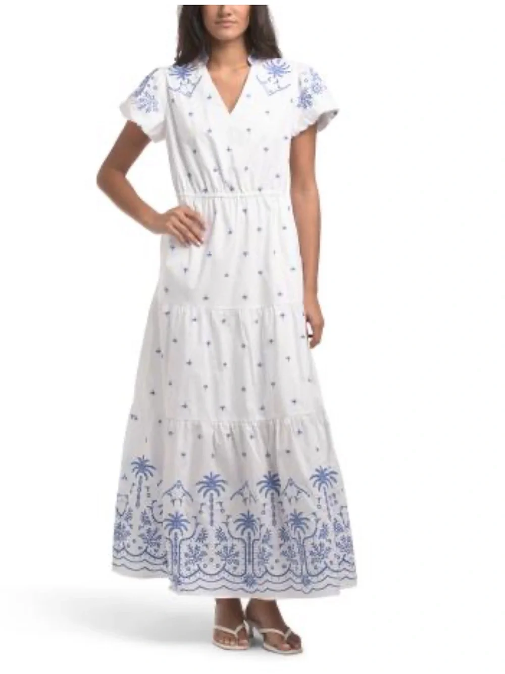 CALYPSO ST BARTH  BLUE AND WHITE EMBROIDERY V-NECK MAXI DRESS M NWT - Picture 4 of 15